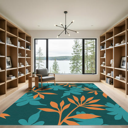 Orange Teal Tropical Leaf Foliage Rug