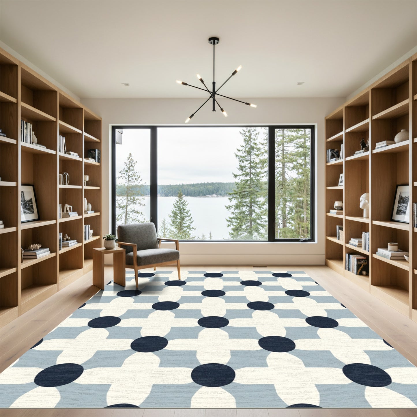 Navy Blue Mid Century Floral Grid Rug