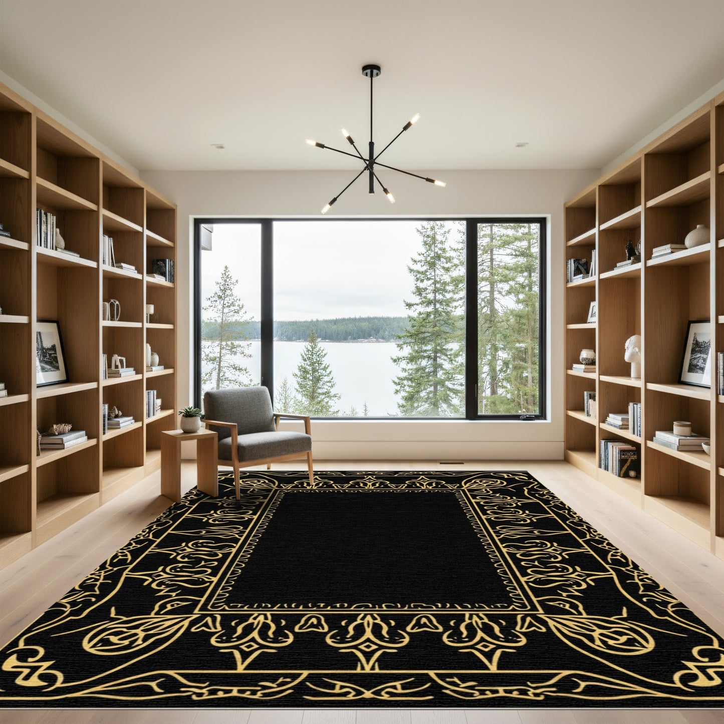 Golden Ornate Scroll Border Regal Accent Rug