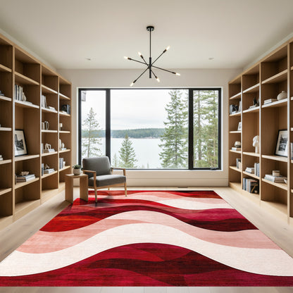 Abstract Red Layered Waves Rug