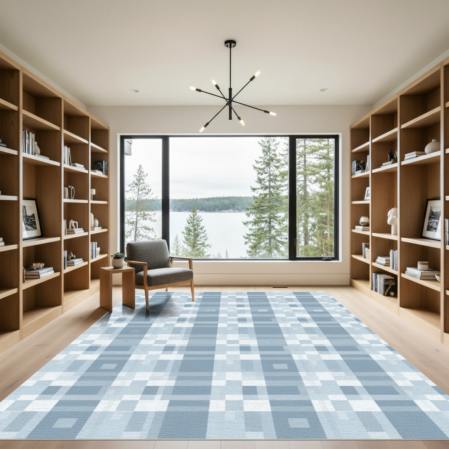 Soft Blue Plaid Geometric Squares Rug