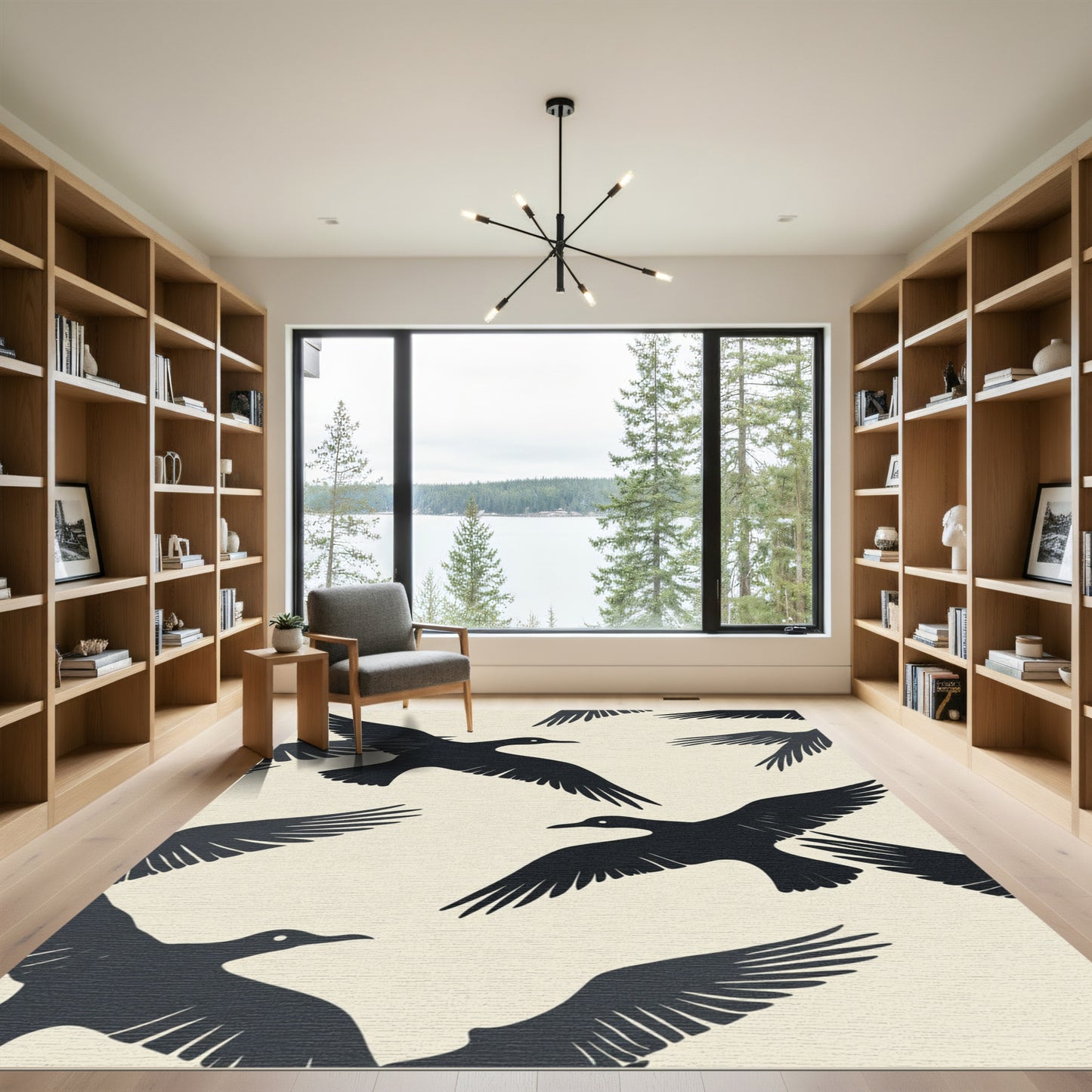 Minimalist Black Birds Flock Rug