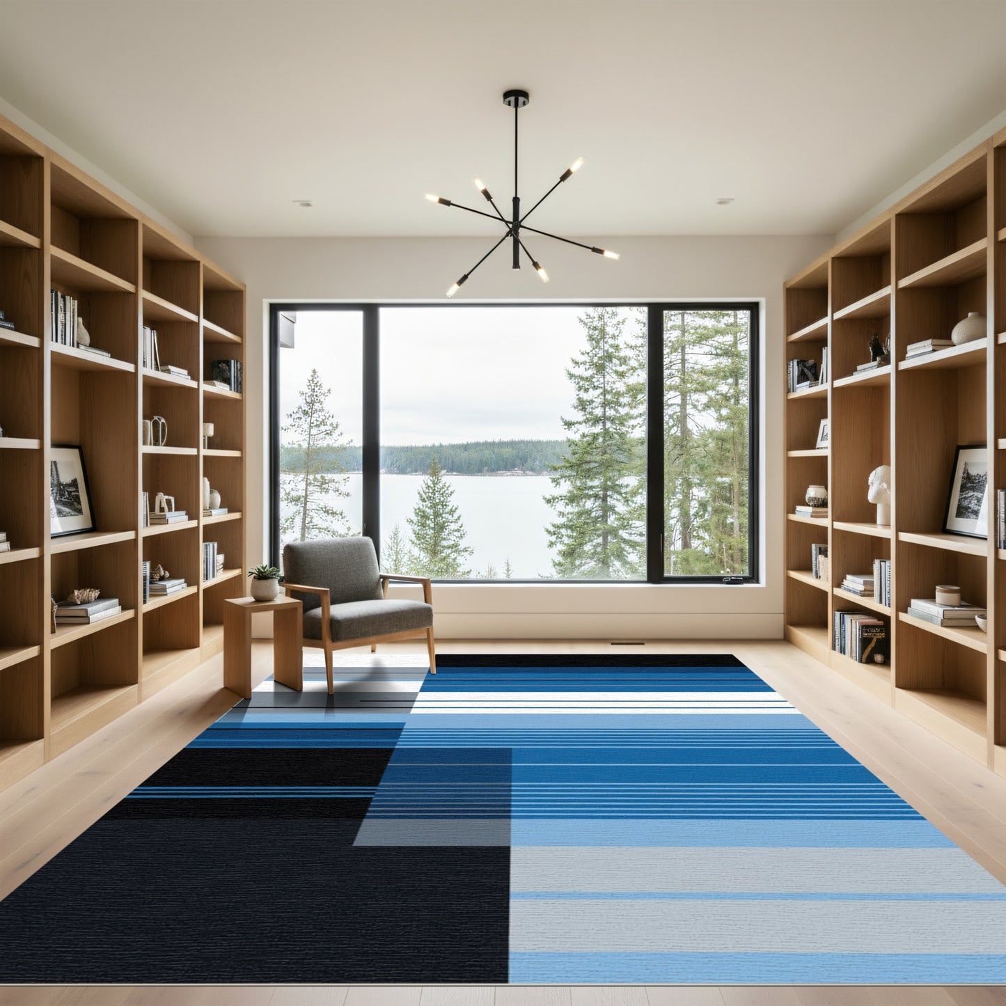 Modern Blue Grayscale Geometric Lines Rug