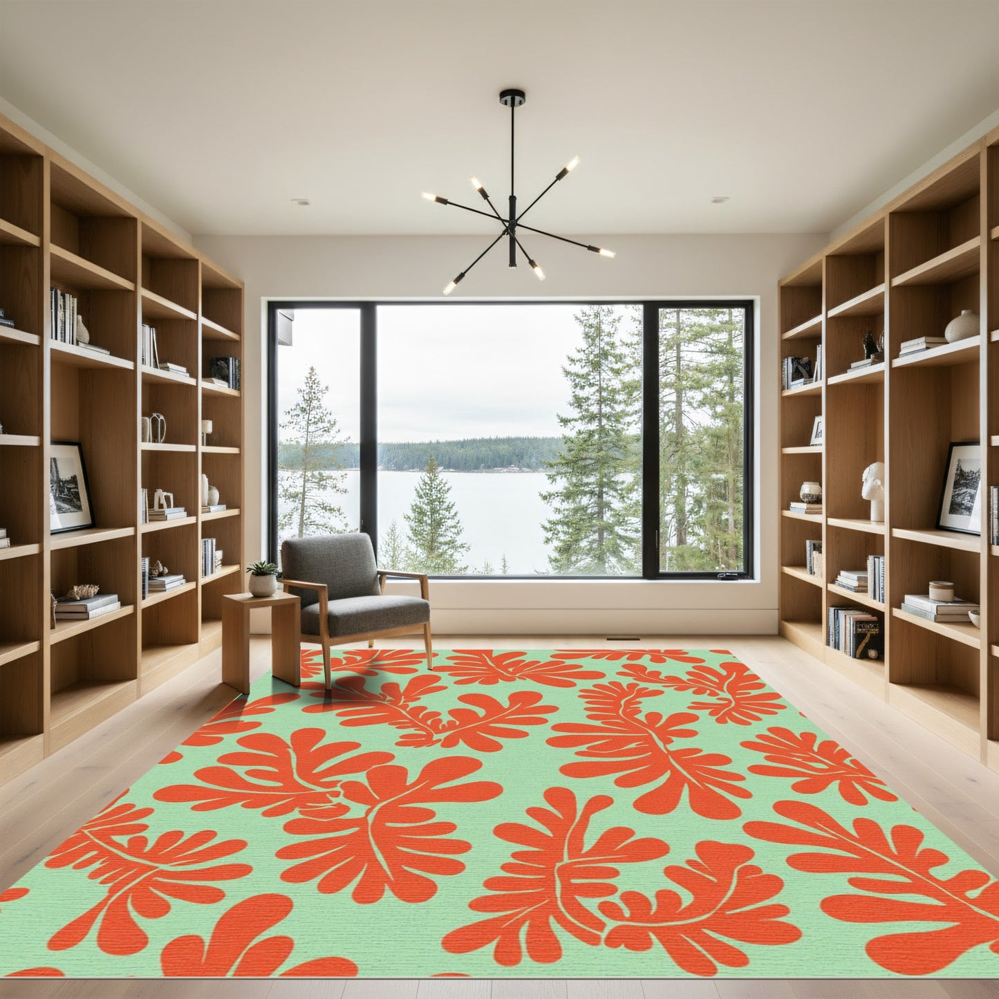 Orange Coral Seafoam Fern Pattern Rug
