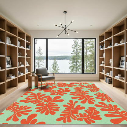 Orange Coral Seafoam Fern Pattern Rug