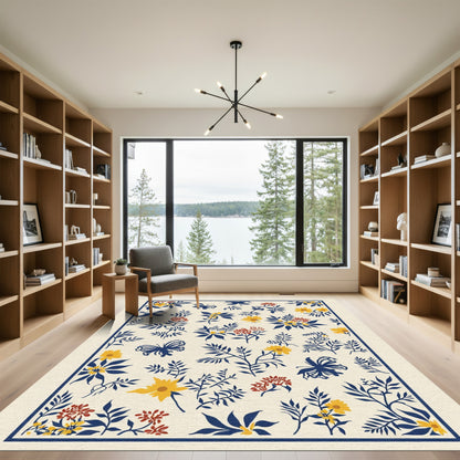 Navy Blue Floral Butterfly Composition Rug