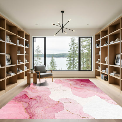 Pink Gold Fluid Marble Waves Rug