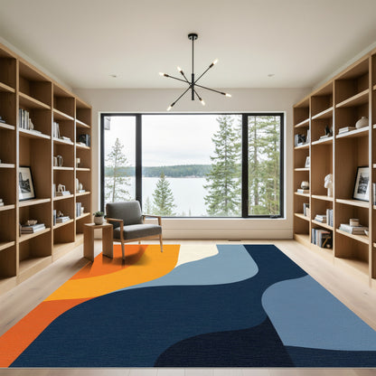 Retro Orange Navy Blue Abstract Waves Rug