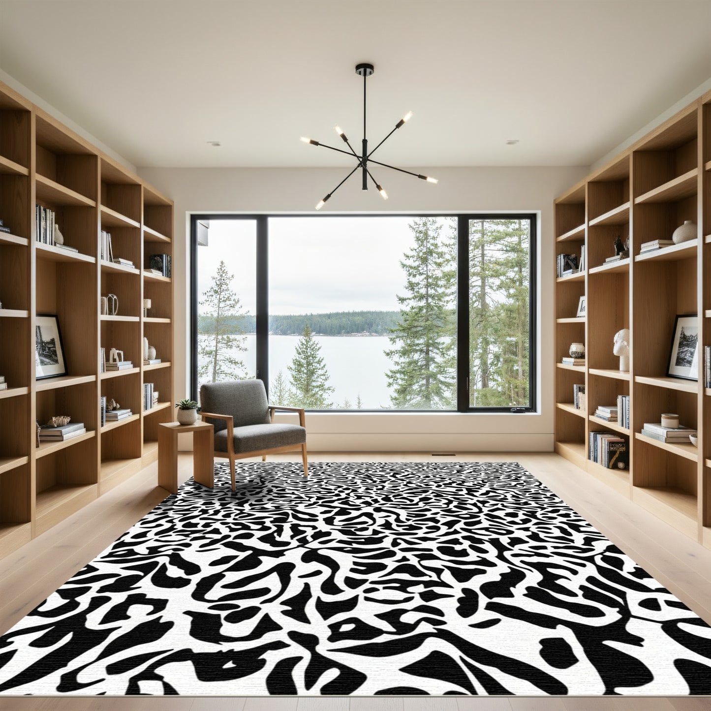 Asymmetrical Black White Organic Flow Rug