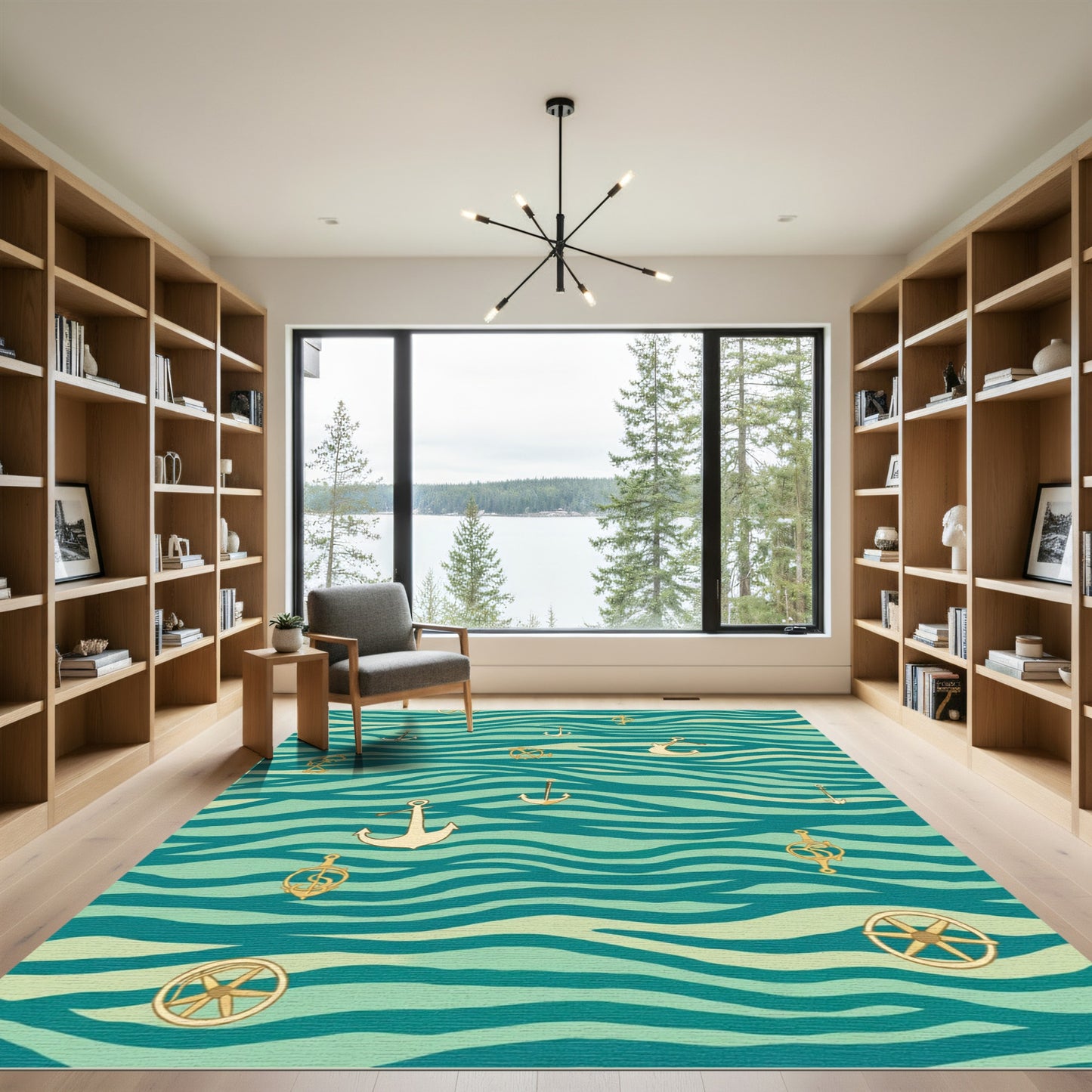 Teal Golden Nautical Anchor Swirl Rug