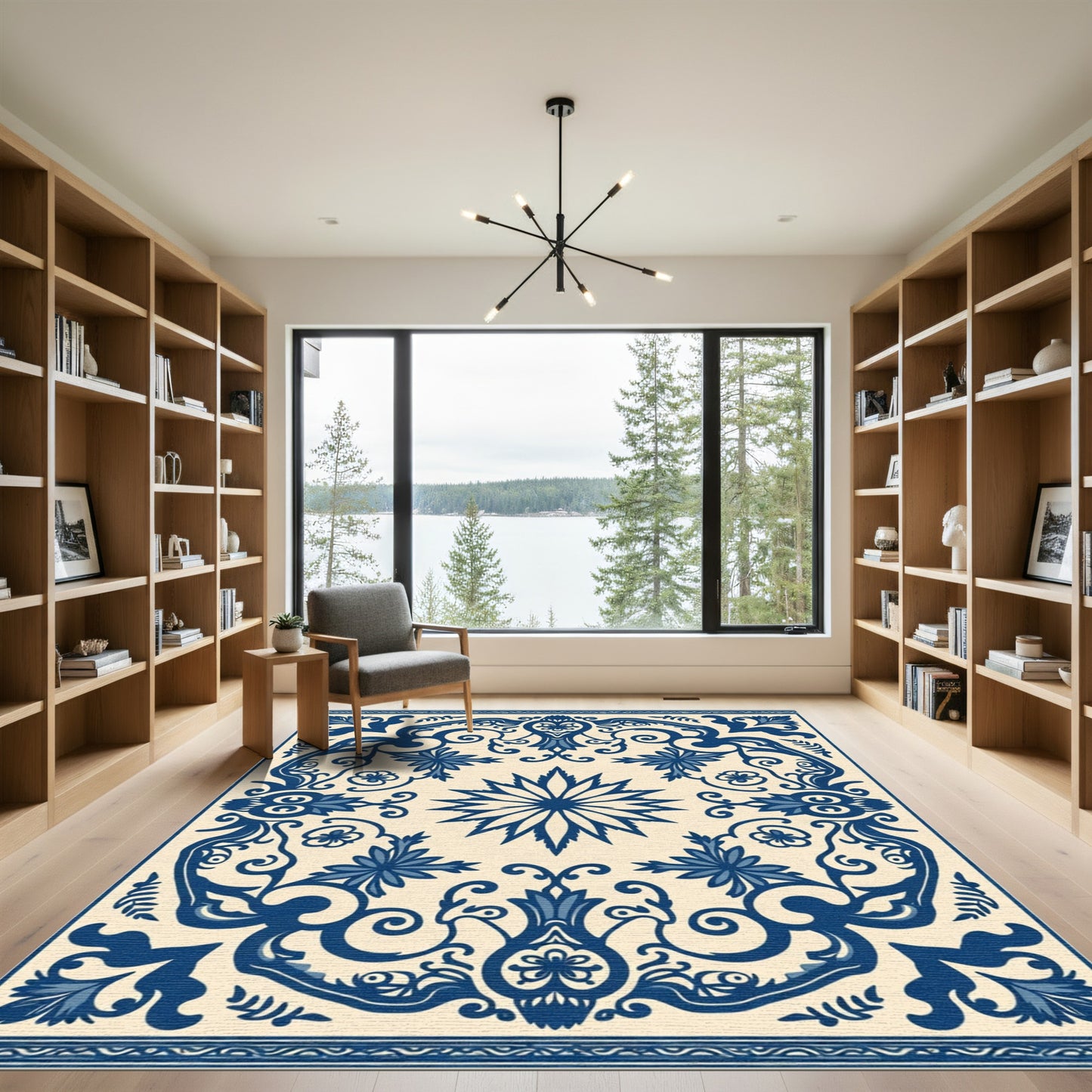 Blue Cream Floral Medallion Swirl Rug