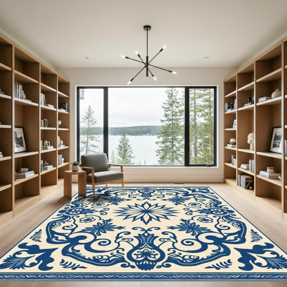 Blue Cream Floral Medallion Swirl Rug