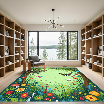 Whimsical Forest Butterflies Bees Flowers Rug