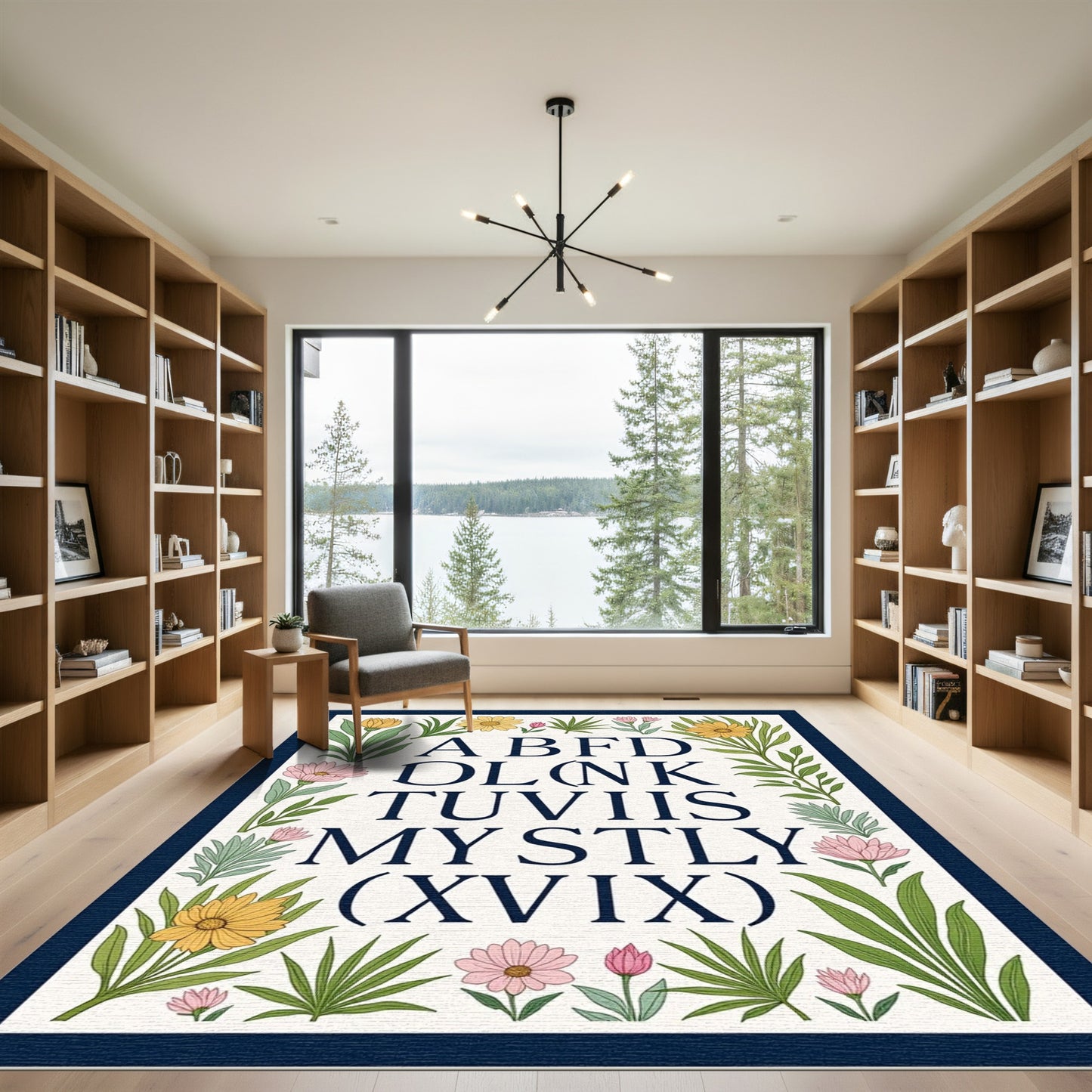 Botanical Alphabet Border Yellow Pink Rug