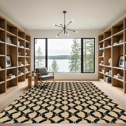 Tan Black Geometric Interlocking Chain Rug