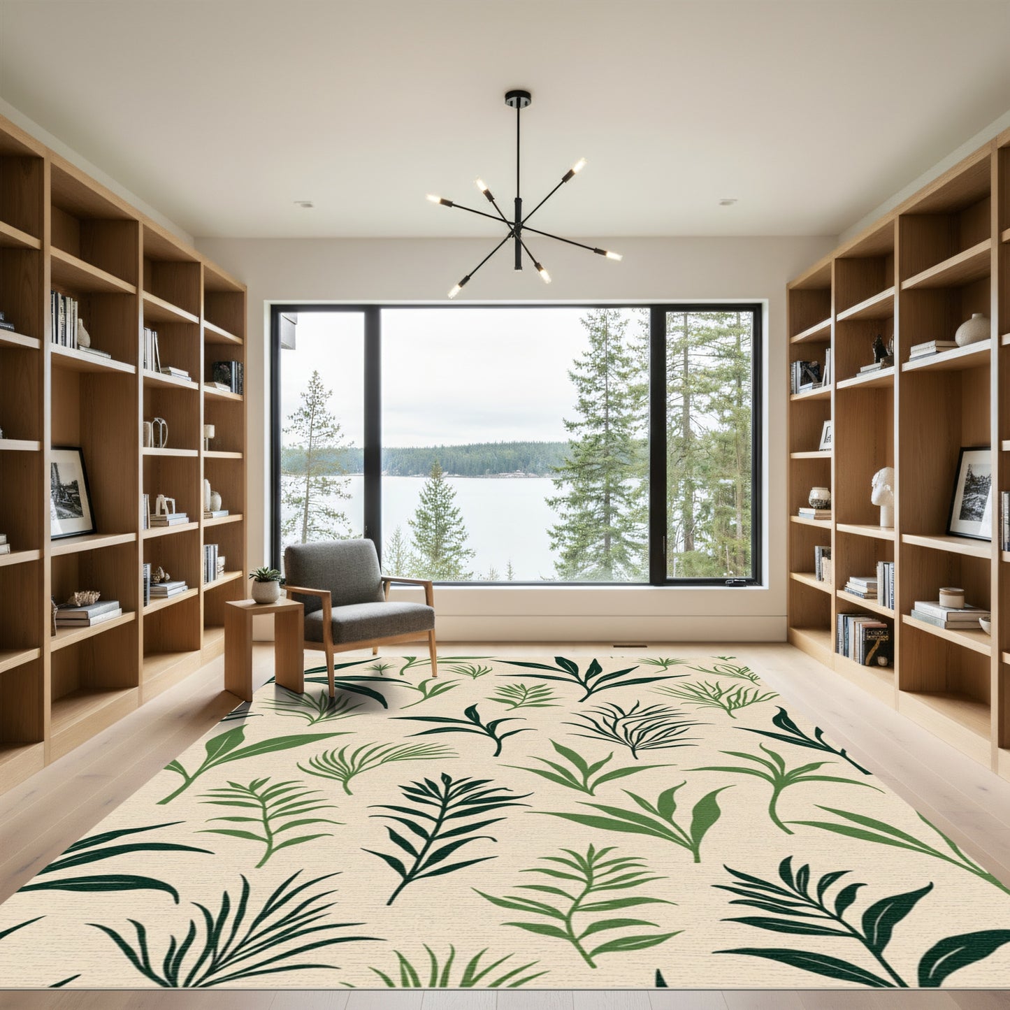 Earthy Green Tropical Leaf Arrangement Rug