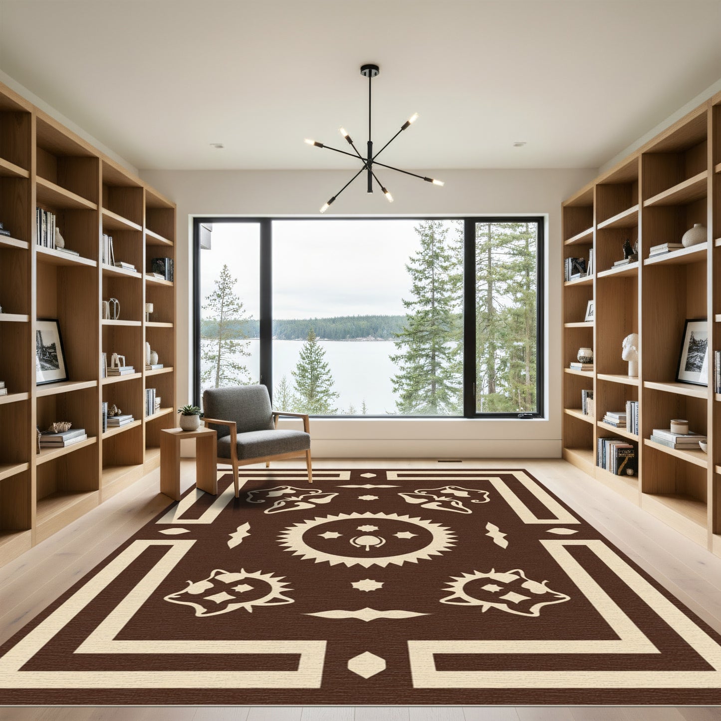 Brown Cream Folk Art Sunburst Rug