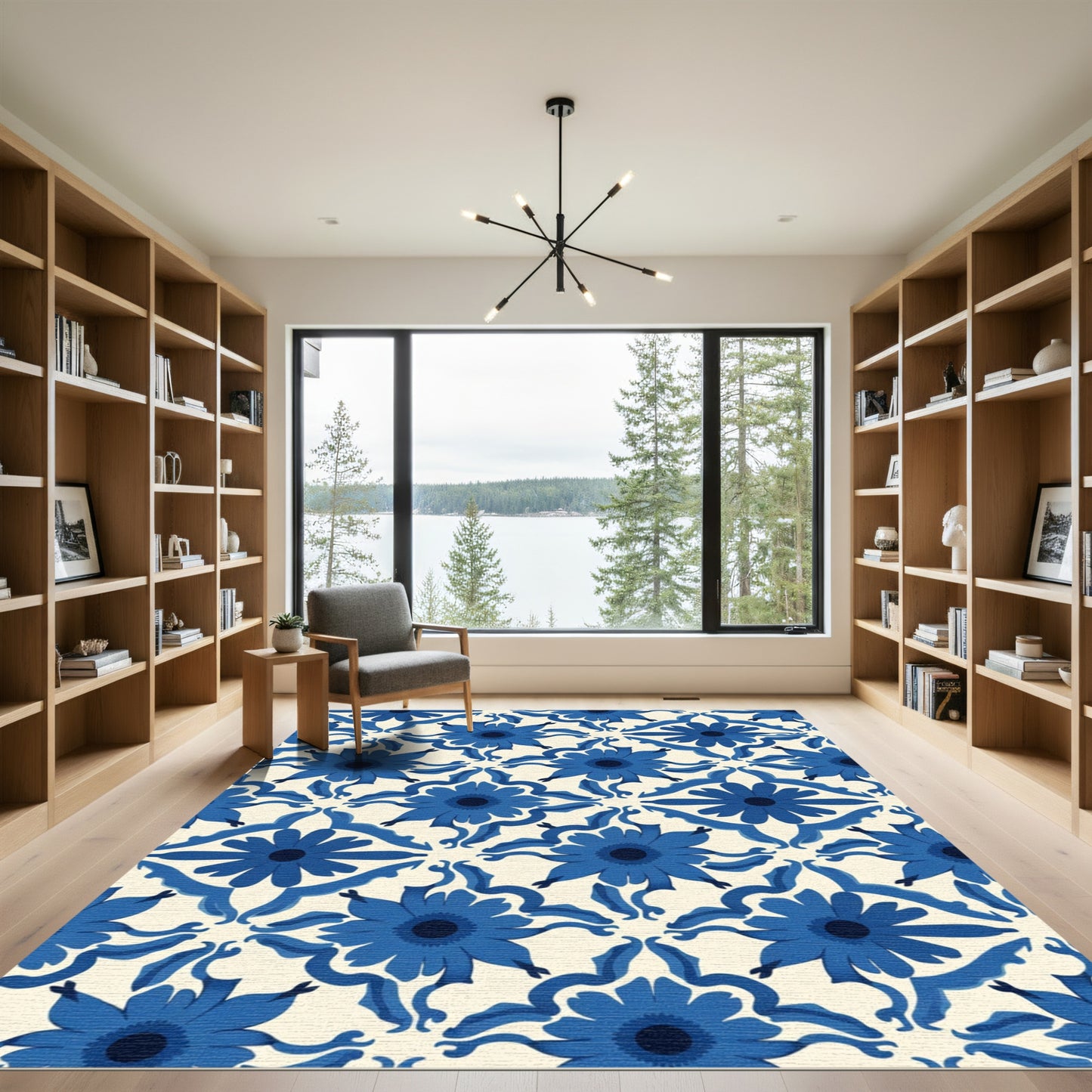 Bold Blue Floral Medallion Cream Rug
