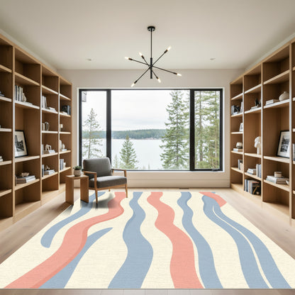 Soft Cream Coral Blue Wavy Stripes Rug