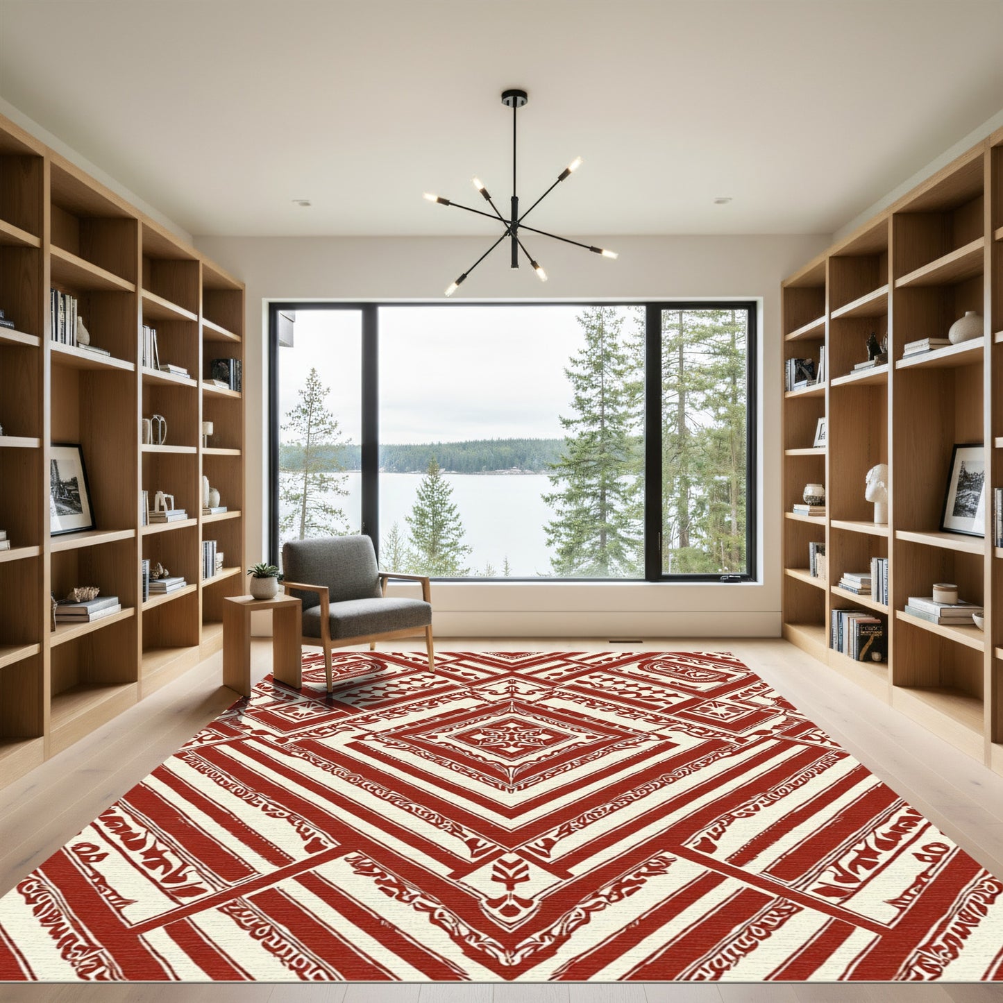 Crimson Red Geometric Medallion Stripe Rug