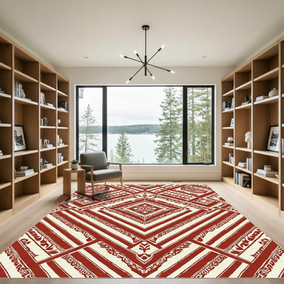 Crimson Red Geometric Medallion Stripe Rug