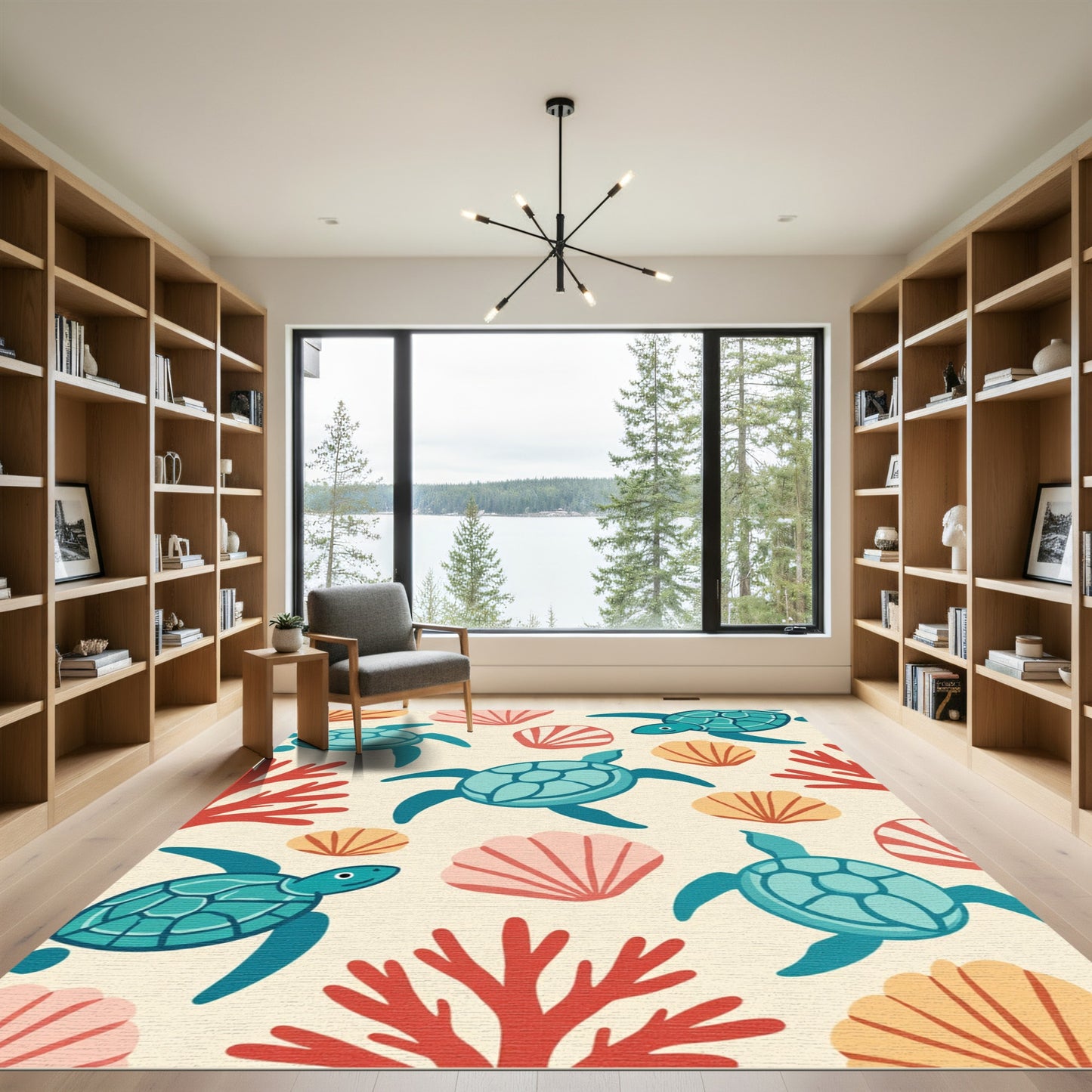 Oceanic Teal Sea Turtle Coral Shells Rug