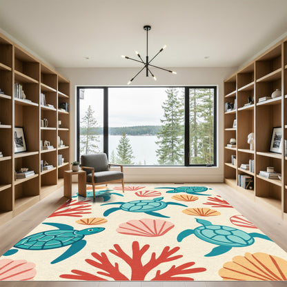 Oceanic Teal Sea Turtle Coral Shells Rug