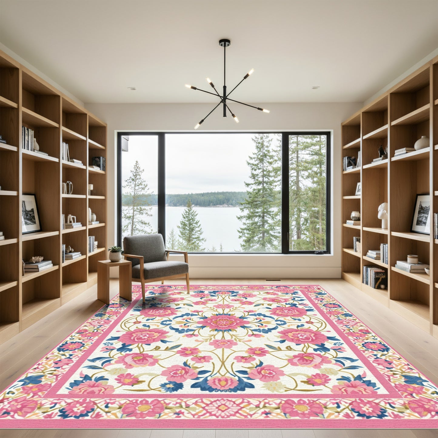 Vibrant Pink Blue Floral Medallion Arrangement Rug