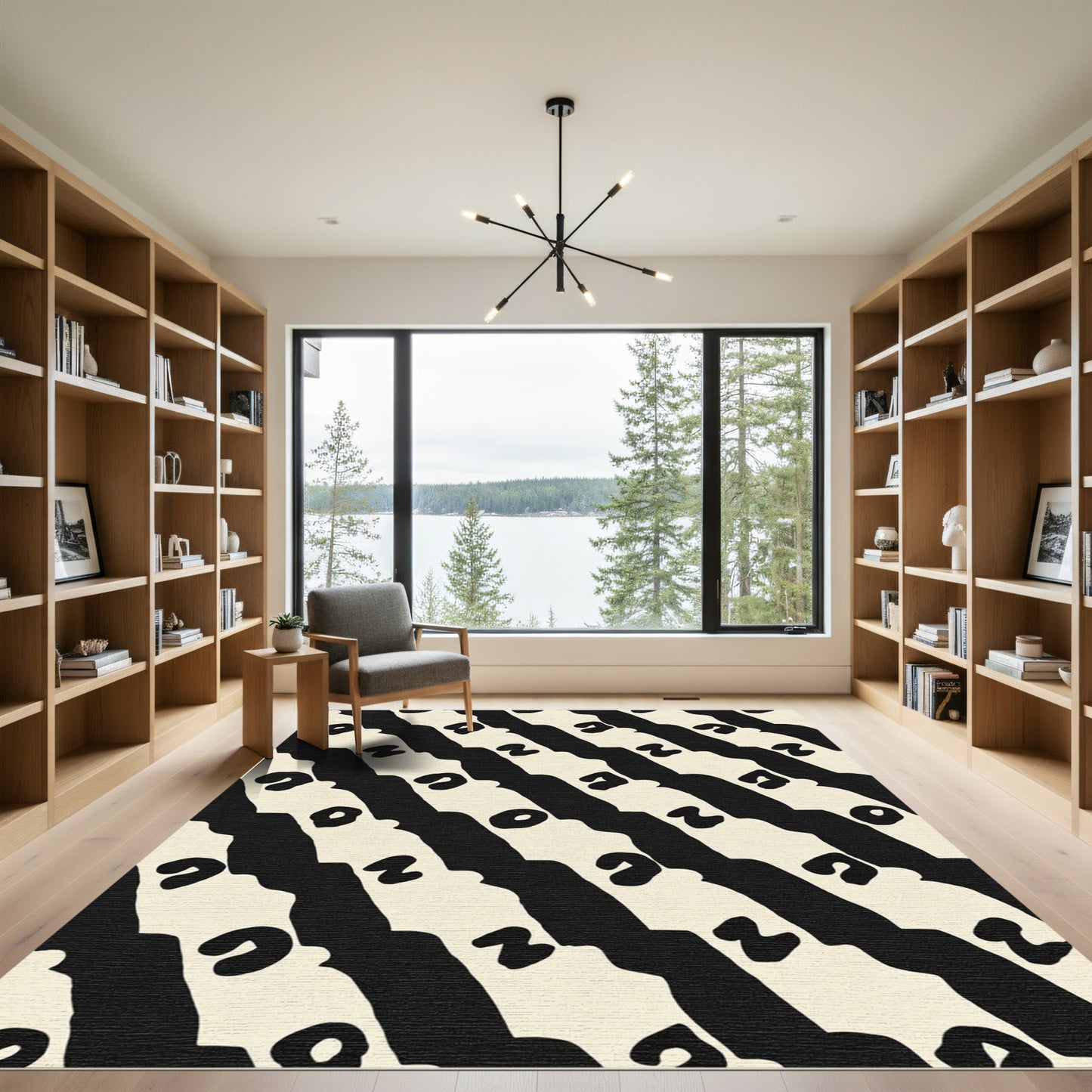 Cream Black Organic Striped Abstract Rug