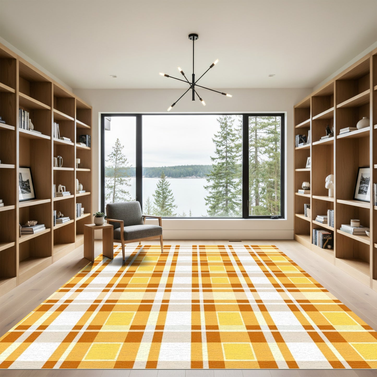 Golden Orange Plaid Checkered Lines Rug