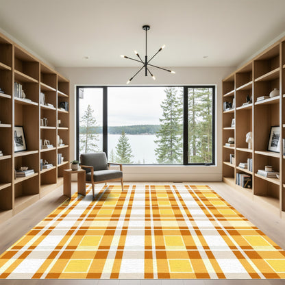 Golden Orange Plaid Checkered Lines Rug