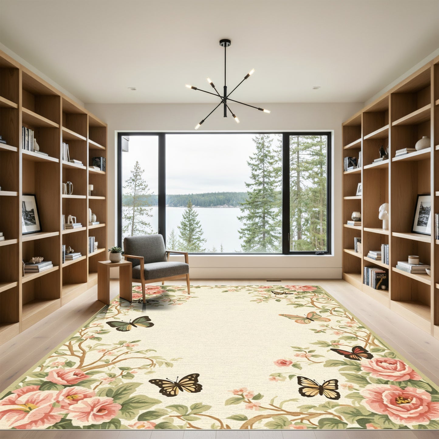 Romantic Pink Rose Butterfly Garden Rug