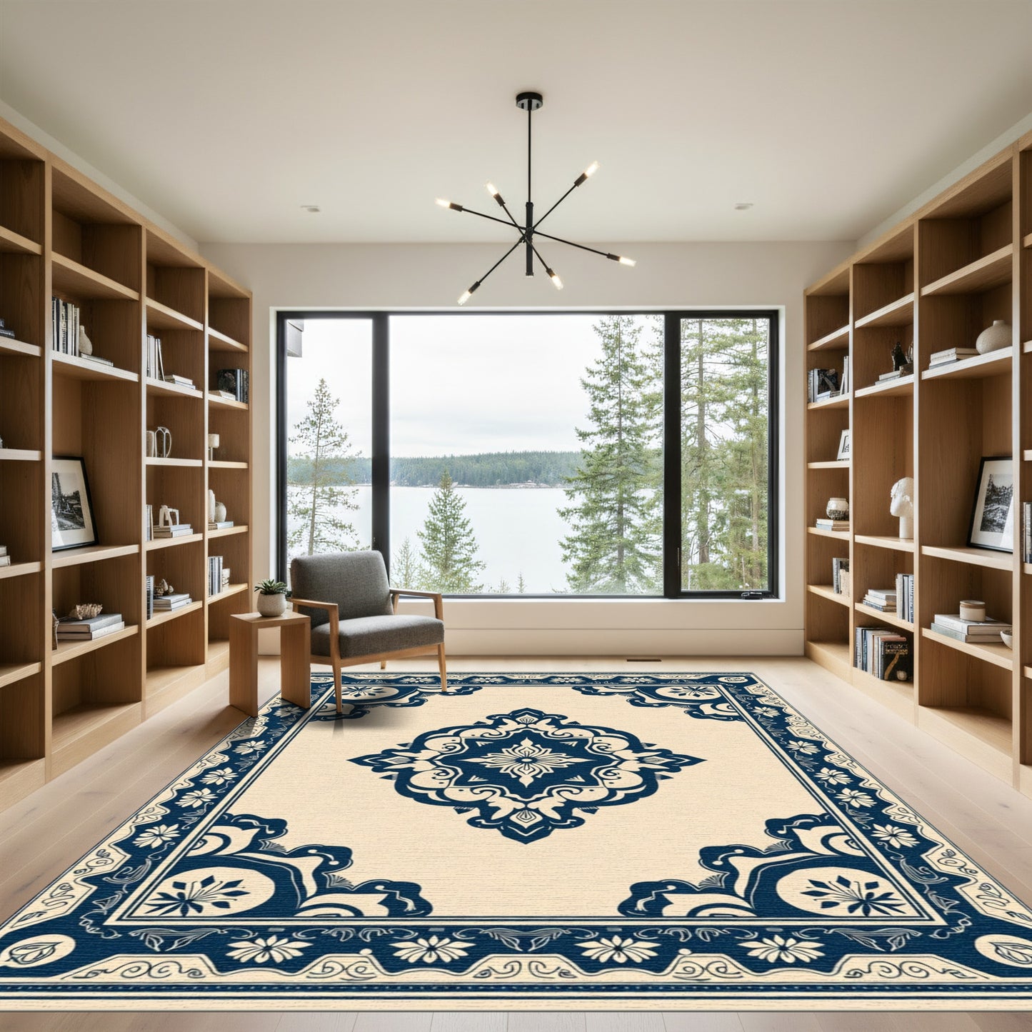 Navy Blue Cream Mandala Medallion Rug