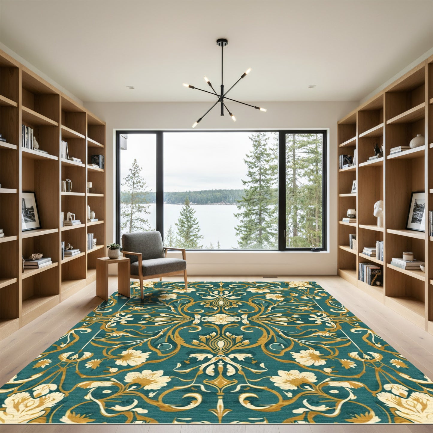 Deep Teal Floral Flourish Ornament Rug