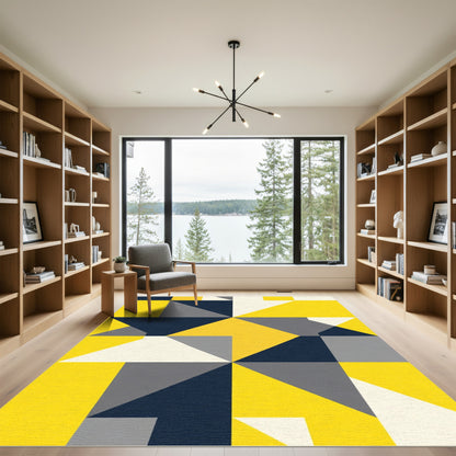 Yellow Navy Gray Geometric Squares Rug