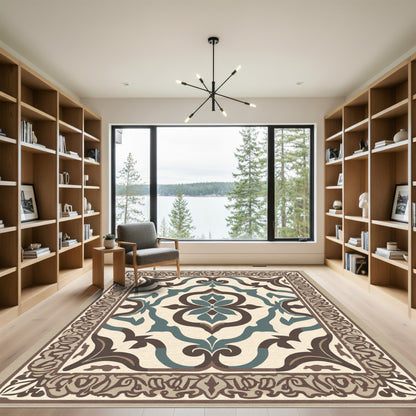 Antique Teal Brown Arabesque Frame Rug
