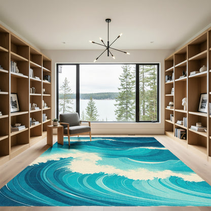Teal Navy Swirling Waves Rug