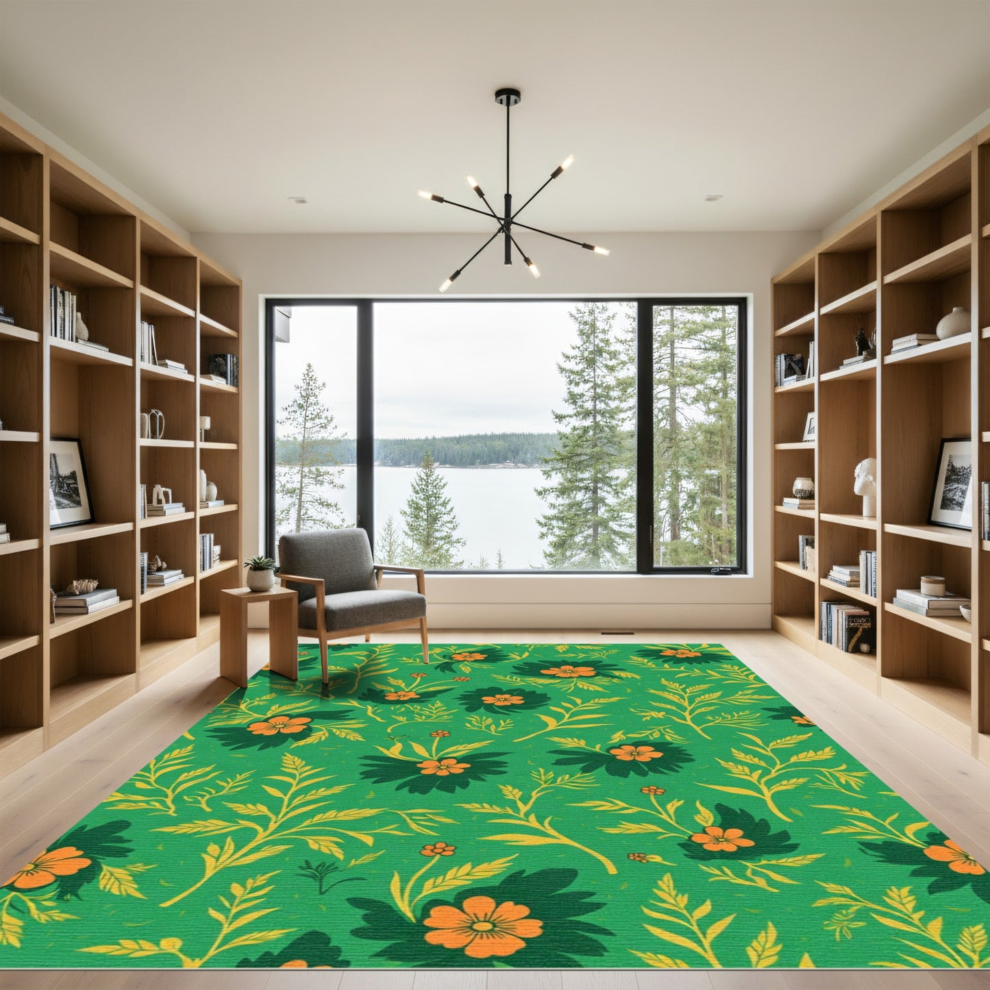 Emerald Green Orange Floral Meadow Rug