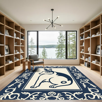 Navy Cream Folk Art Rabbit Rug
