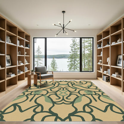 Dark Green Tan Abstract Splatter Floral Rug