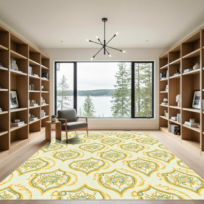 Yellow Green Ornate Damask Medallions Rug