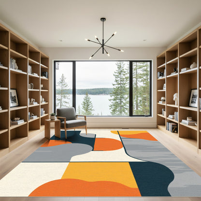 Modern Geometric Ochre and Teal Abstract Rug