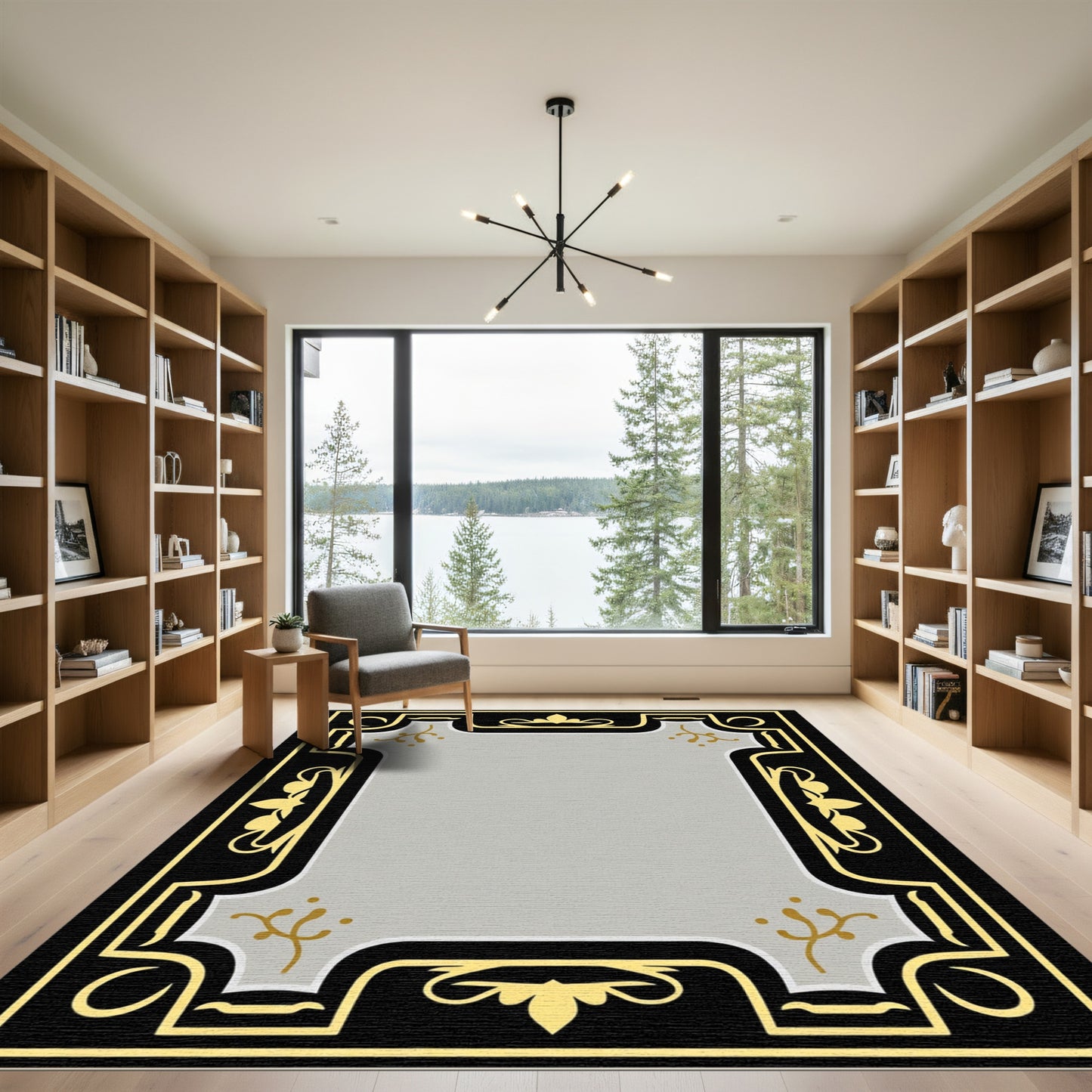 Black Gold Gray Leaf Frame Rug