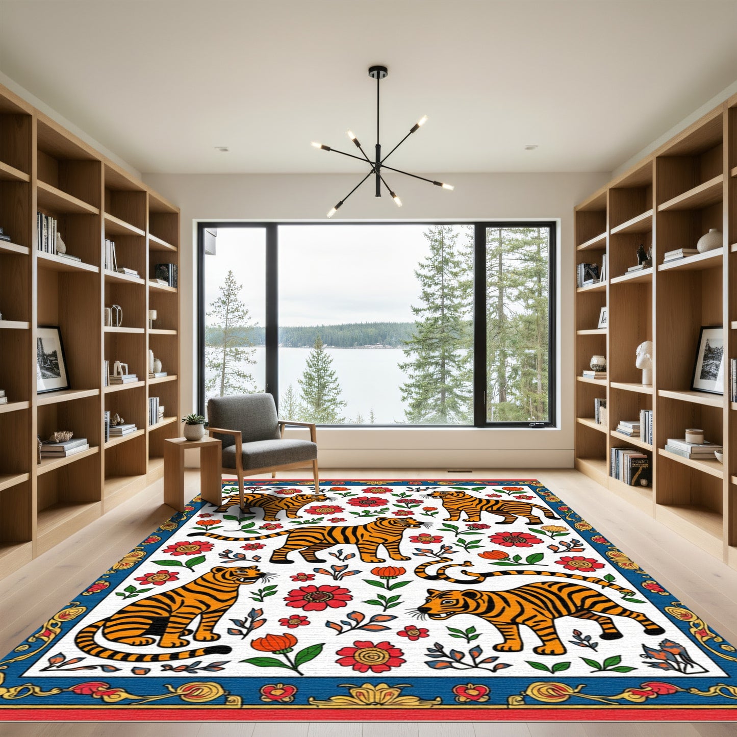Dynamic Orange Tiger Floral Arrangement Rug