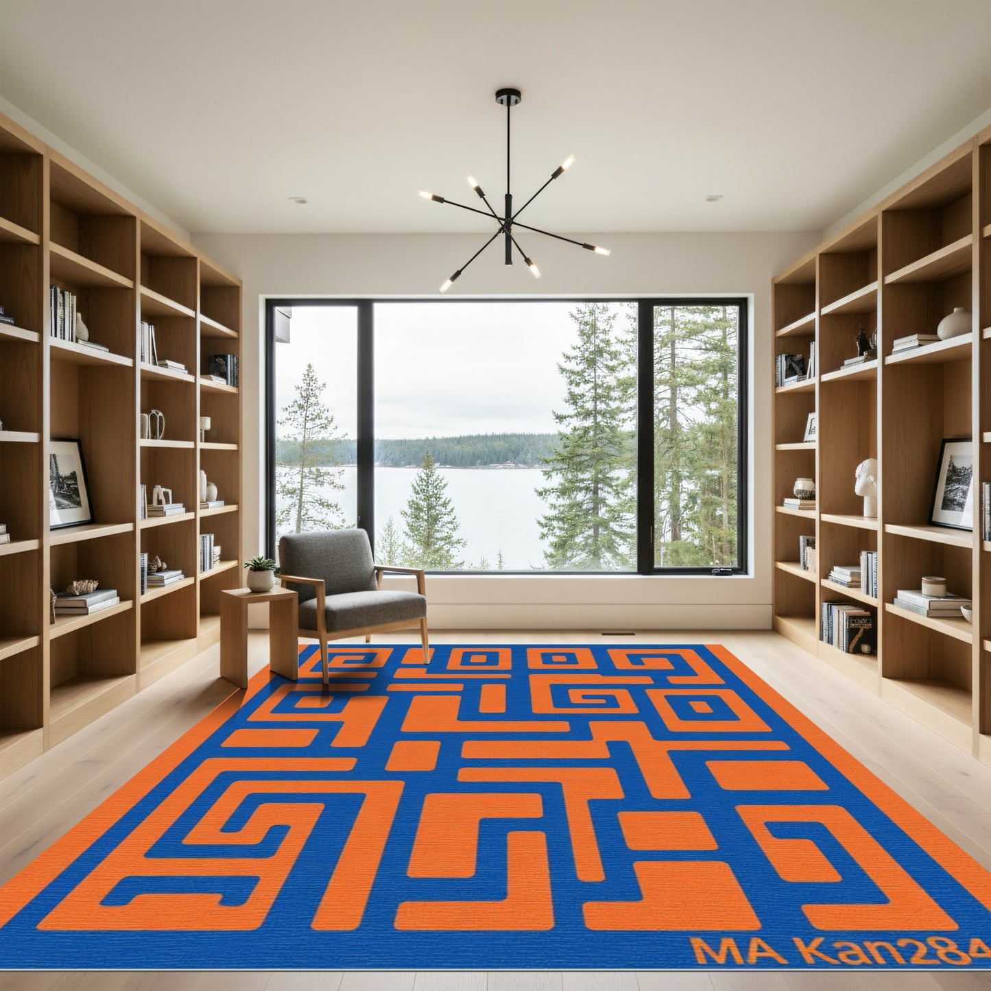 Bold Blue Orange Maze Geometric Rug