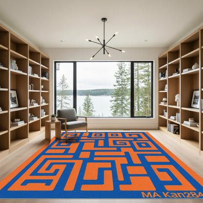 Bold Blue Orange Maze Geometric Rug