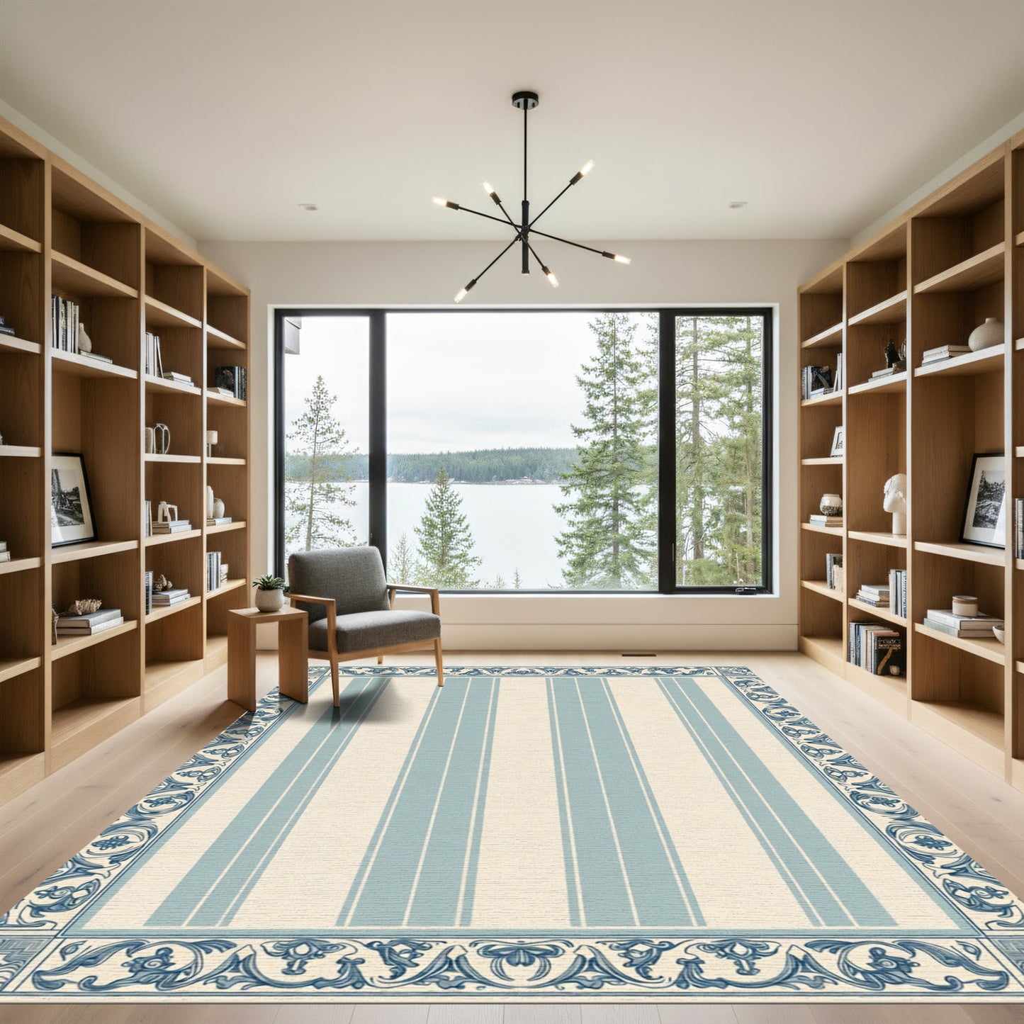 Ornate Blue Cream Vertical Stripe Rug