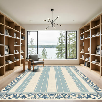Ornate Blue Cream Vertical Stripe Rug