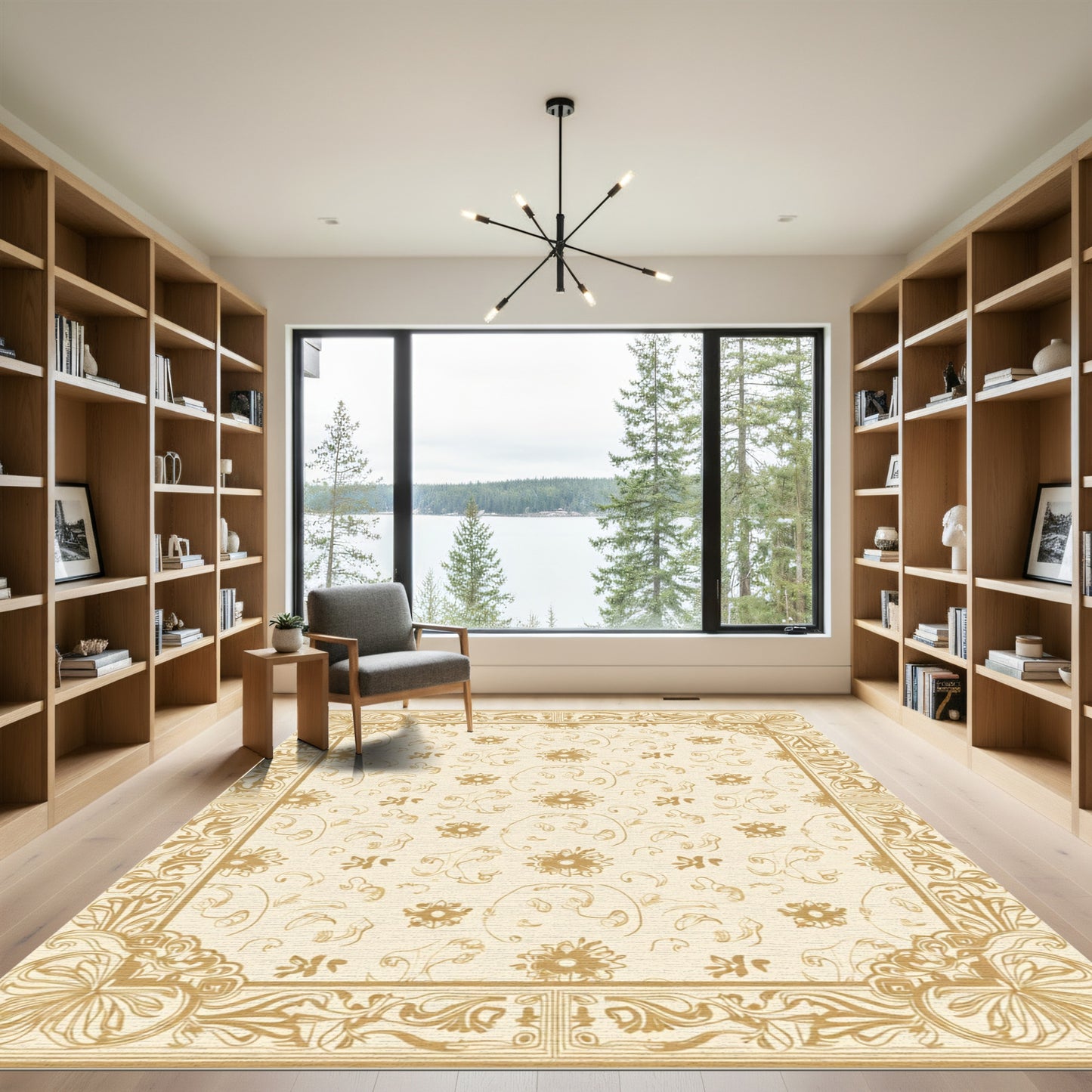 Golden Floral Swirl Contemporary Rug