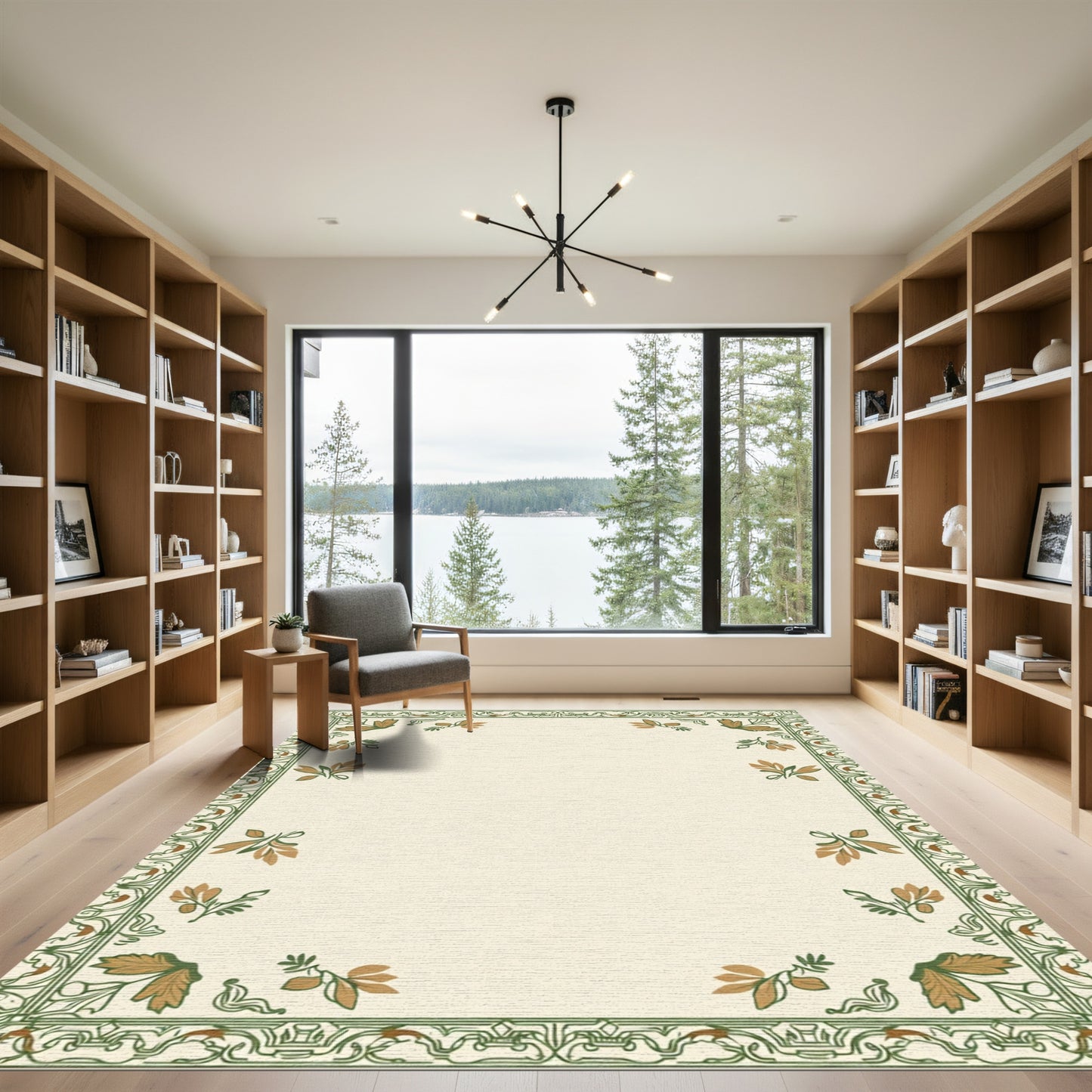 Ornate Green Border Golden Leaf Arrangement Rug